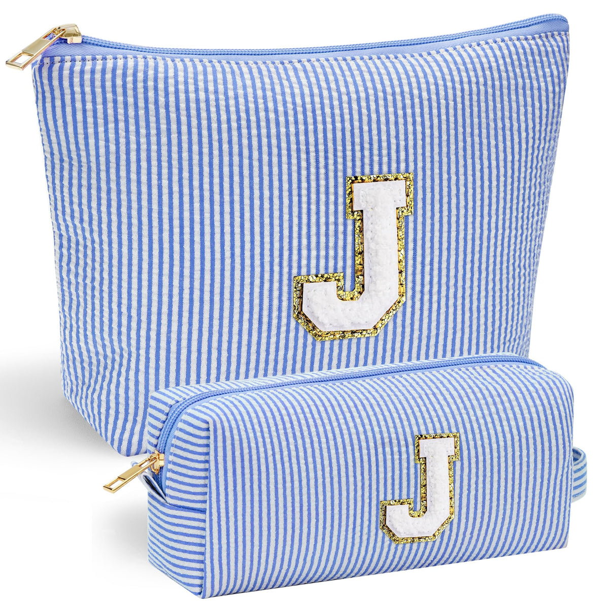 YOOLIFE Makeup Bag blue model with initial J front view