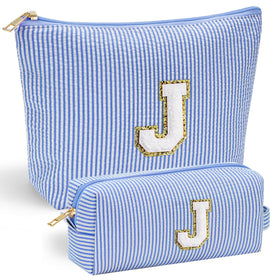 YOOLIFE Makeup Bag blue model with initial J front view