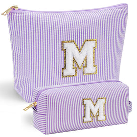 YOOLIFE Purple Cute Travel Makeup Bag front view with chenille letter