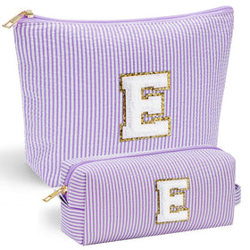 YOOLIFE Travel Makeup Bag front view with initial E in purple