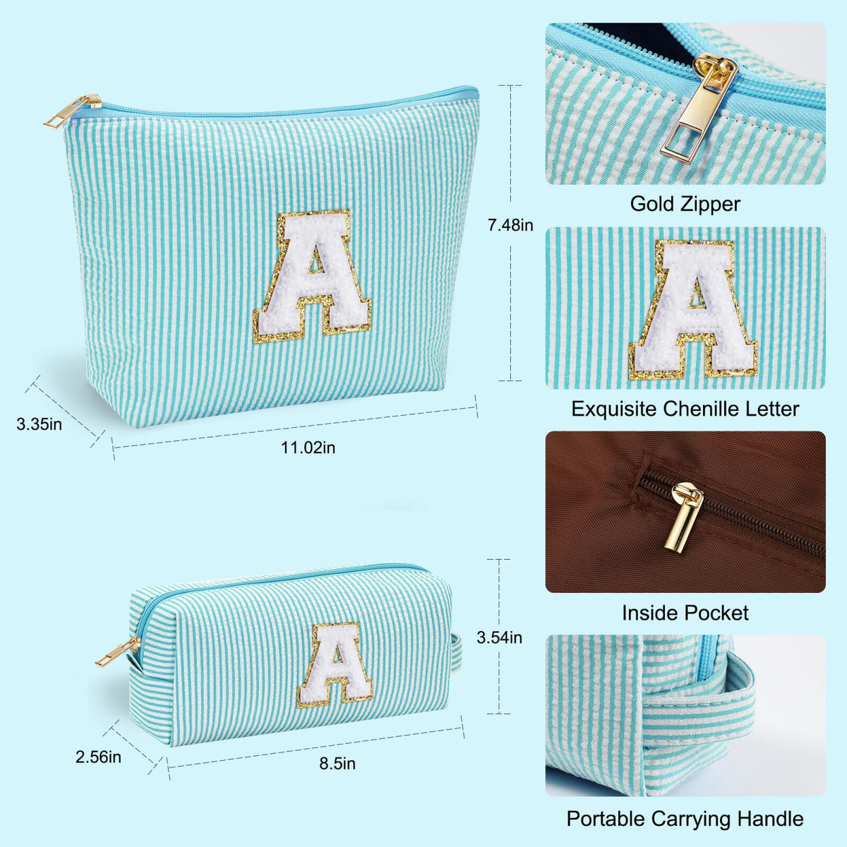 YOOLIFE Travel Makeup Bag in blue with stitched initials