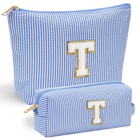 YOOLIFE Travel Makeup Bag Organizer in pink with stitched chenille letter