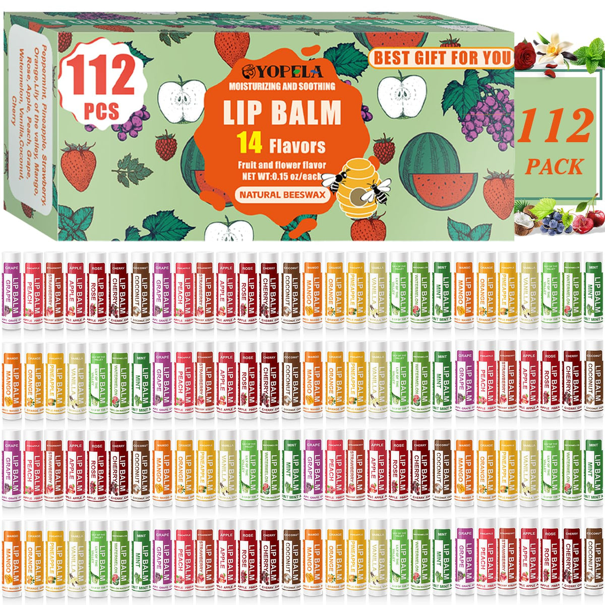 Yopela 112 Pack Natural Lip Balm assorted flavours front view