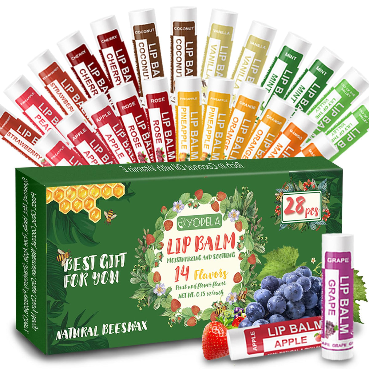 Yopela 28 pack natural lip balm assorted flavours front view