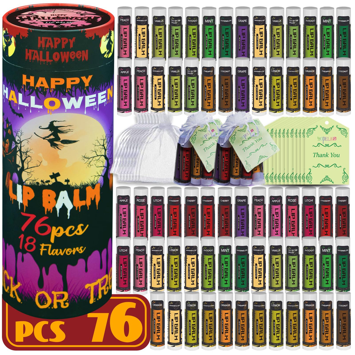 Yopela 76 Pack Halloween Flavoured Lip Balm Set front view