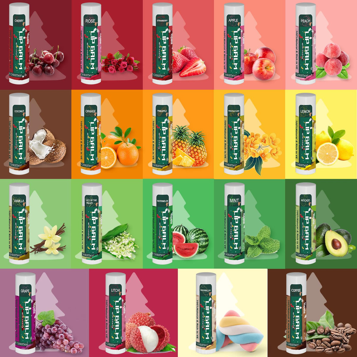 Yopela lip balm flavours including mint, strawberry, and coconut