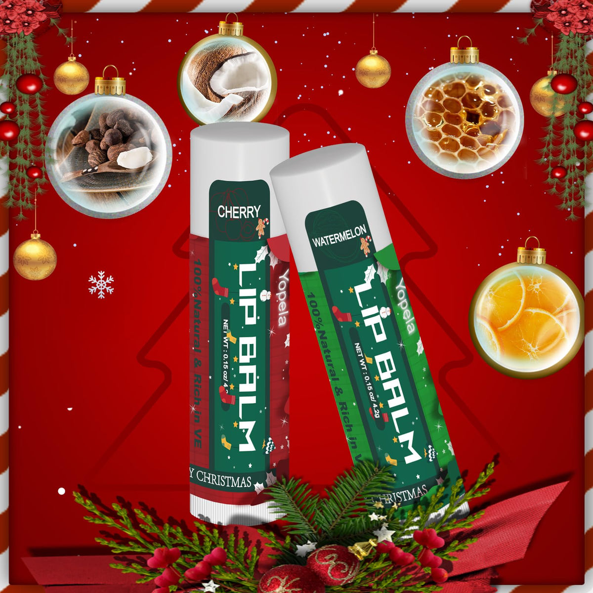 Yopela lip balm set displayed with holiday decorations
