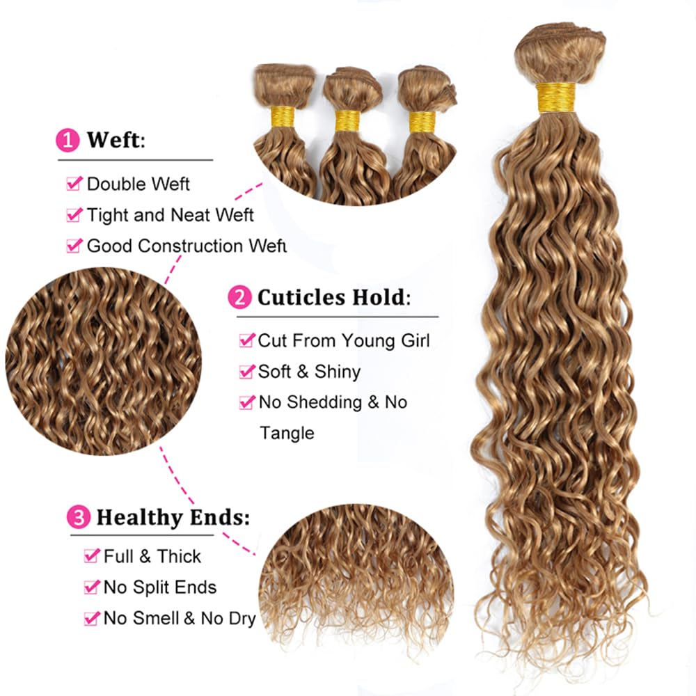 YOUNGHANN Honey Blonde Water Wave Hair Bundles displayed in packaging