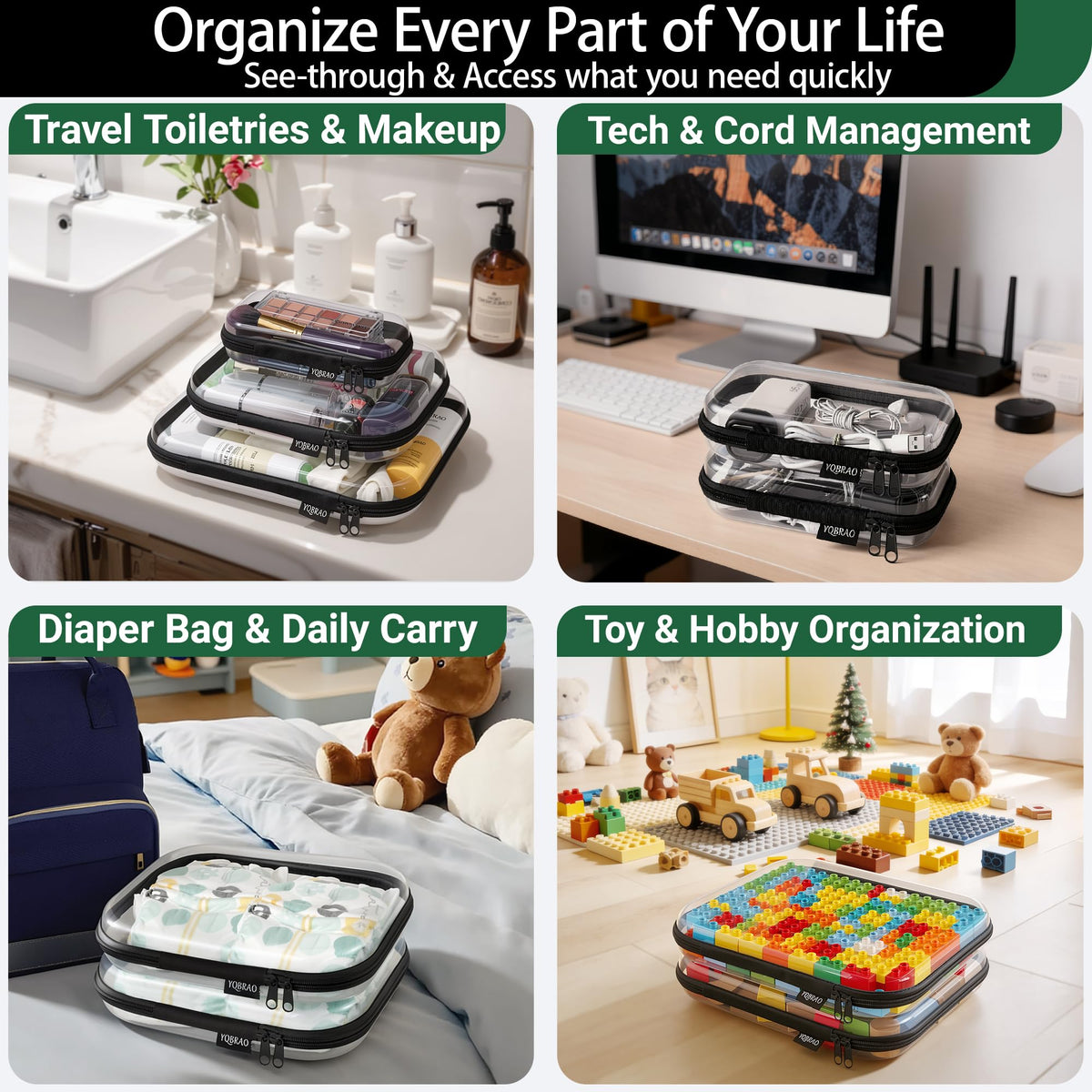 YQBRAO Clear Hard Shell Organizer Set, black stacked