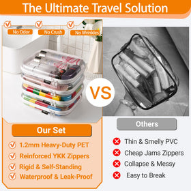 YQBRAO Clear Hard Shell Organizer Set stacked in a bathroom cabinet