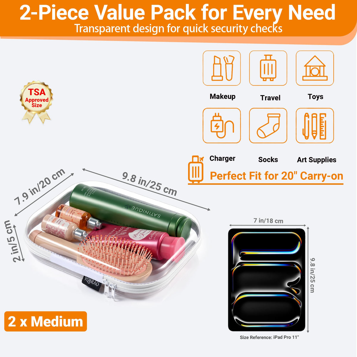 YQBRAO Clear Hard Shell Organizer Set with toiletries inside