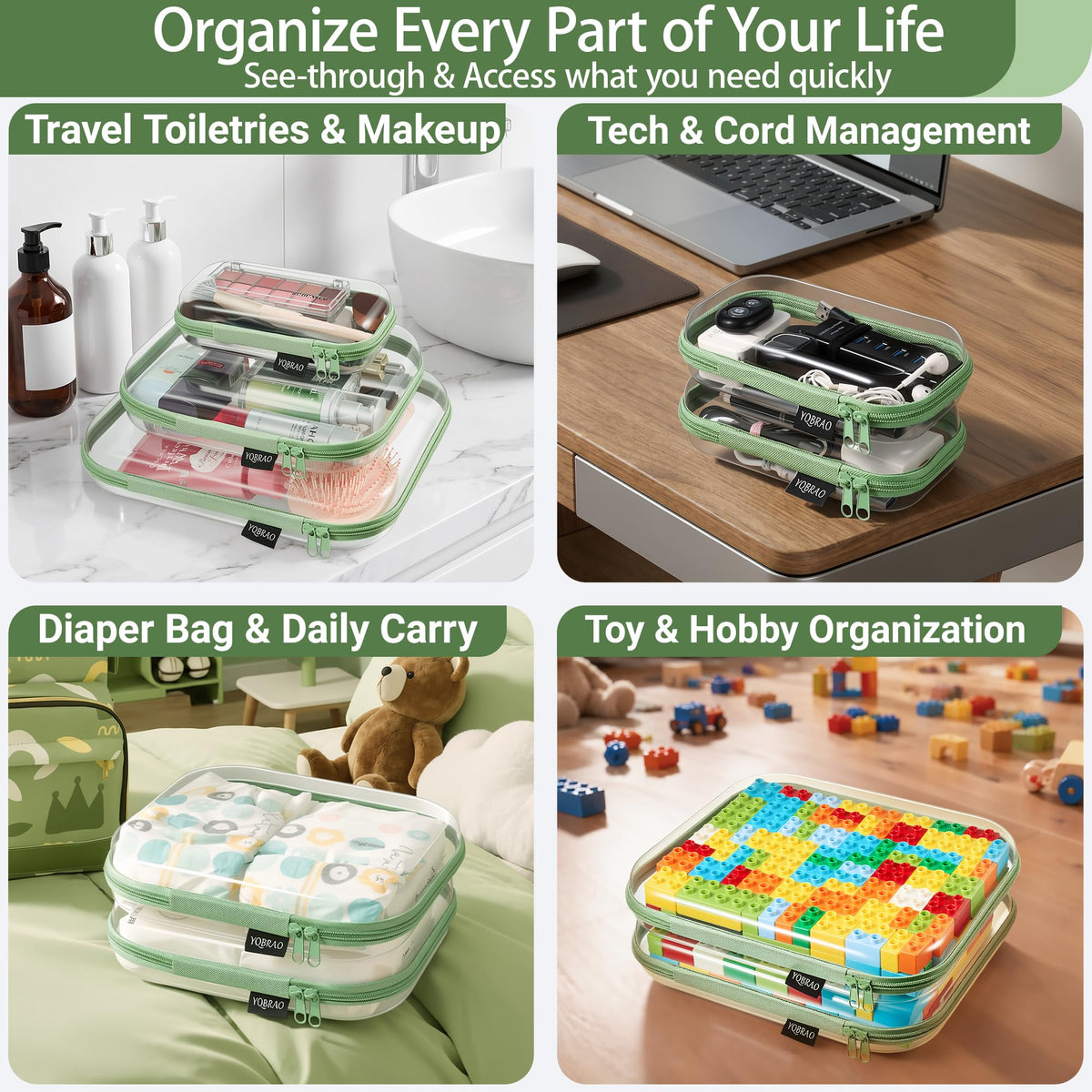 YQBRAO Clear Hard Shell Zipper Case filled with makeup essentials