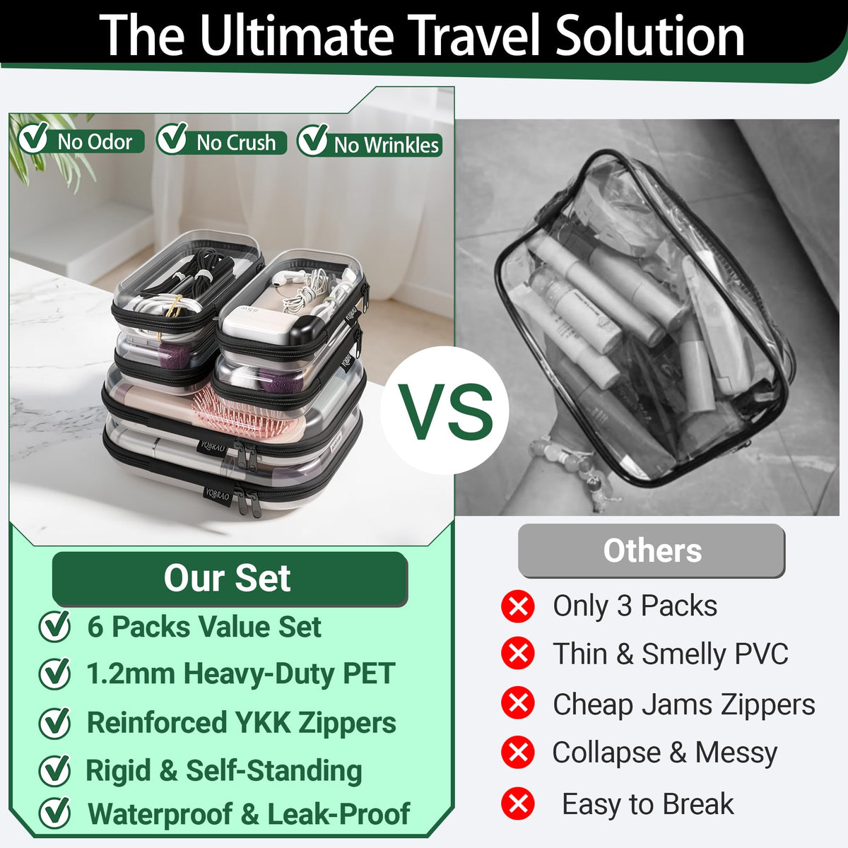YQBRAO Clear Hard Shell Zipper Case open with beauty products