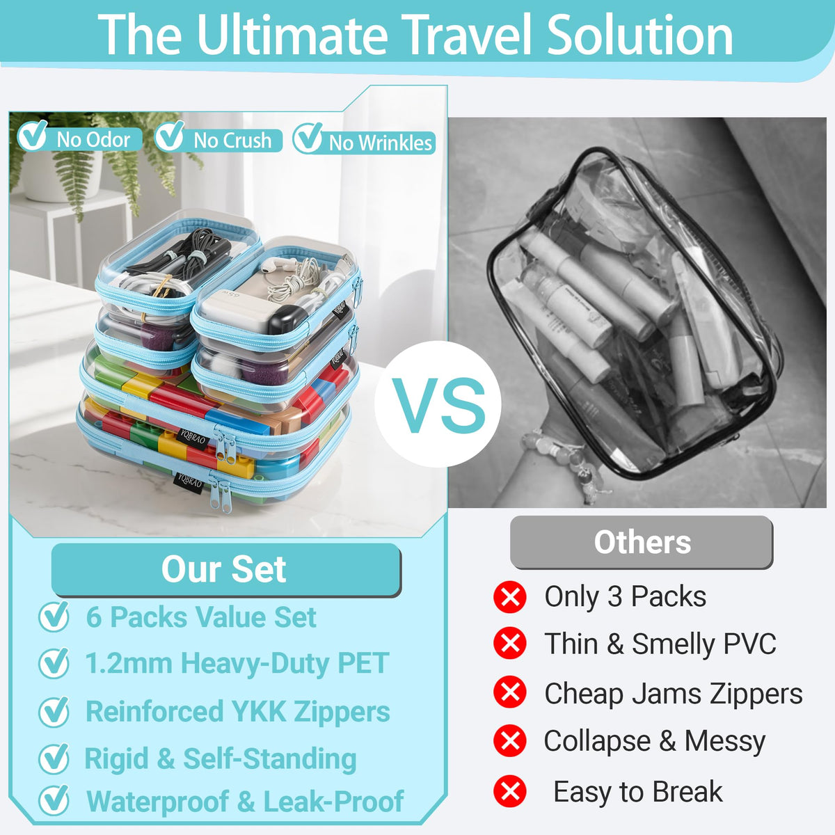 YQBRAO Clear Hard Shell Zipper Case open with beauty products inside