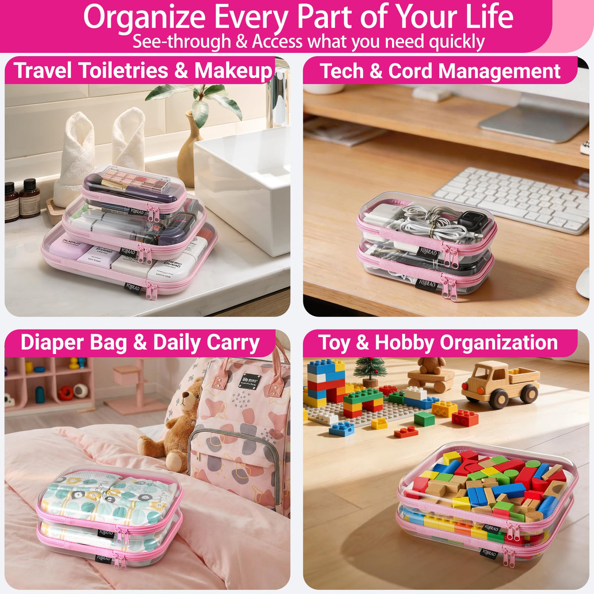 YQBRAO Clear Hard Shell Zipper Case open with items inside