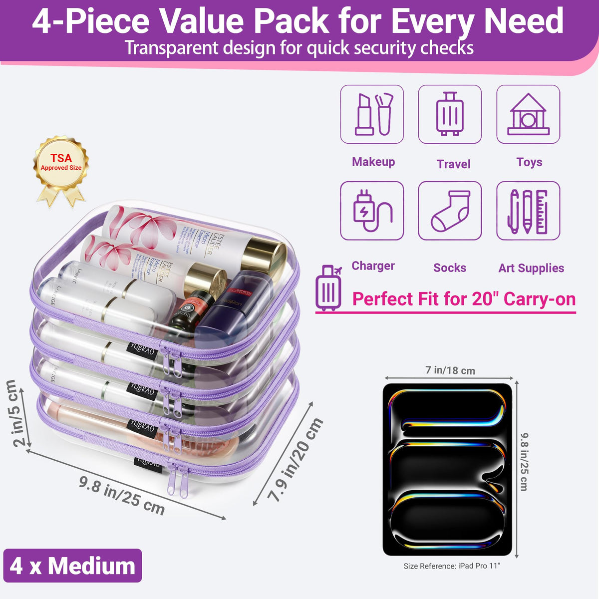 YQBRAO Clear Hard Shell Zipper Case opened showing makeup items inside