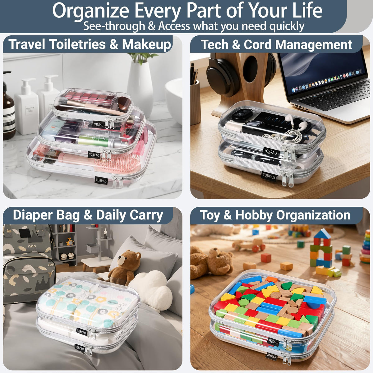 YQBRAO Clear Hard Shell Zipper Case opened with items inside