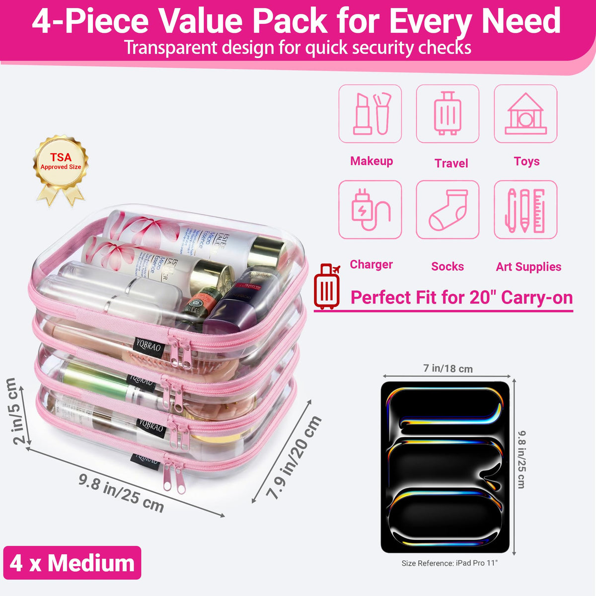 YQBRAO Clear Hard Shell Zipper Case showing interior organization