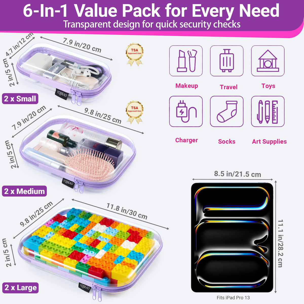 YQBRAO Clear Hard Shell Zipper Case, stacked view with all sizes