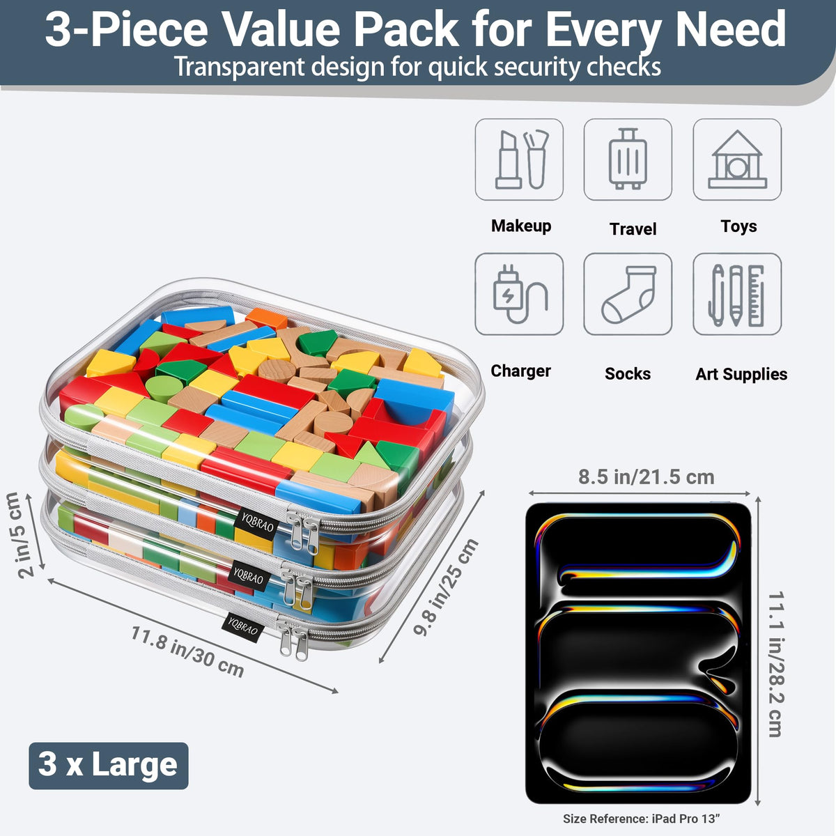 YQBRAO Clear Hard Shell Zipper Case stacked with other organizers