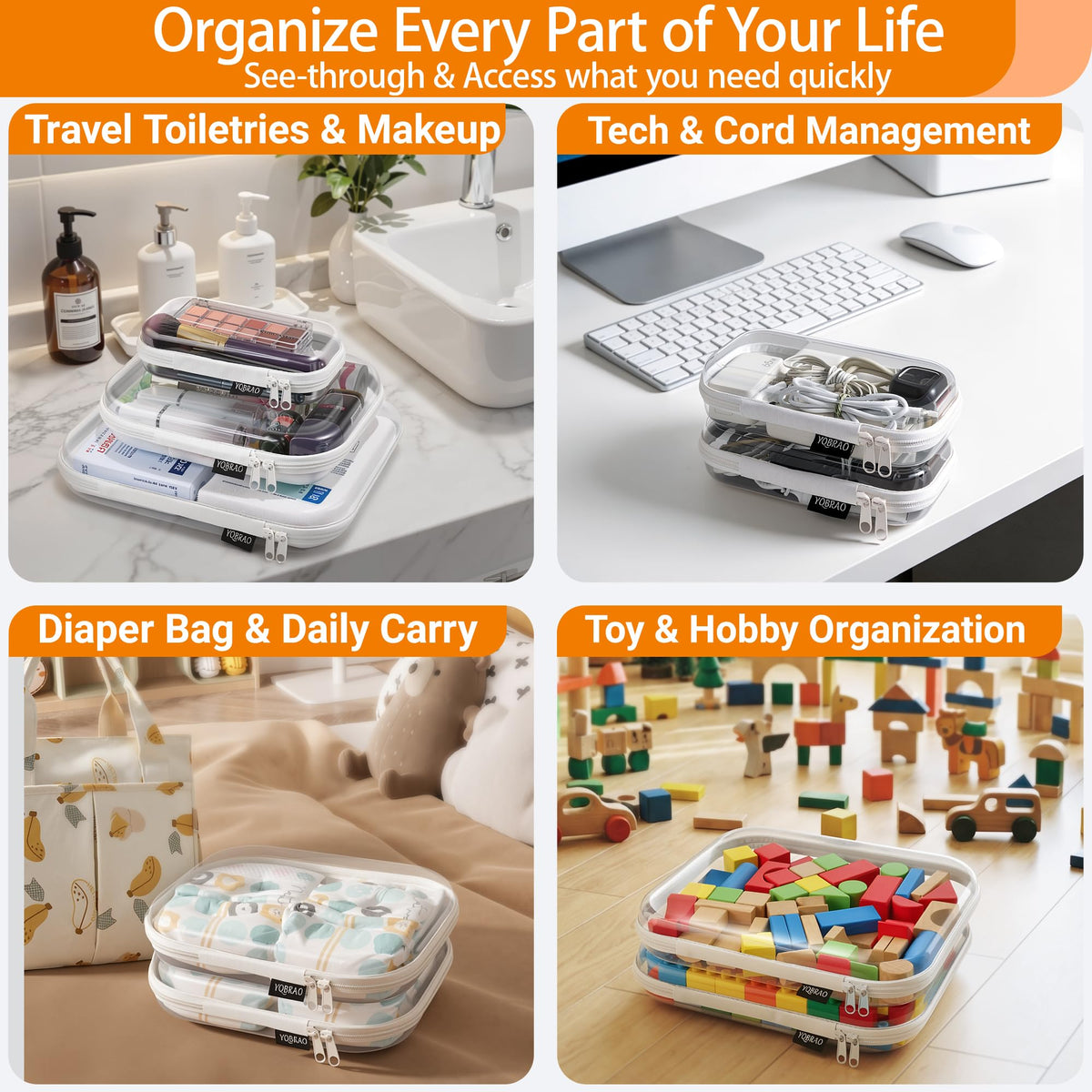 YQBRAO Clear Hard Shell Zipper Case with cosmetics inside