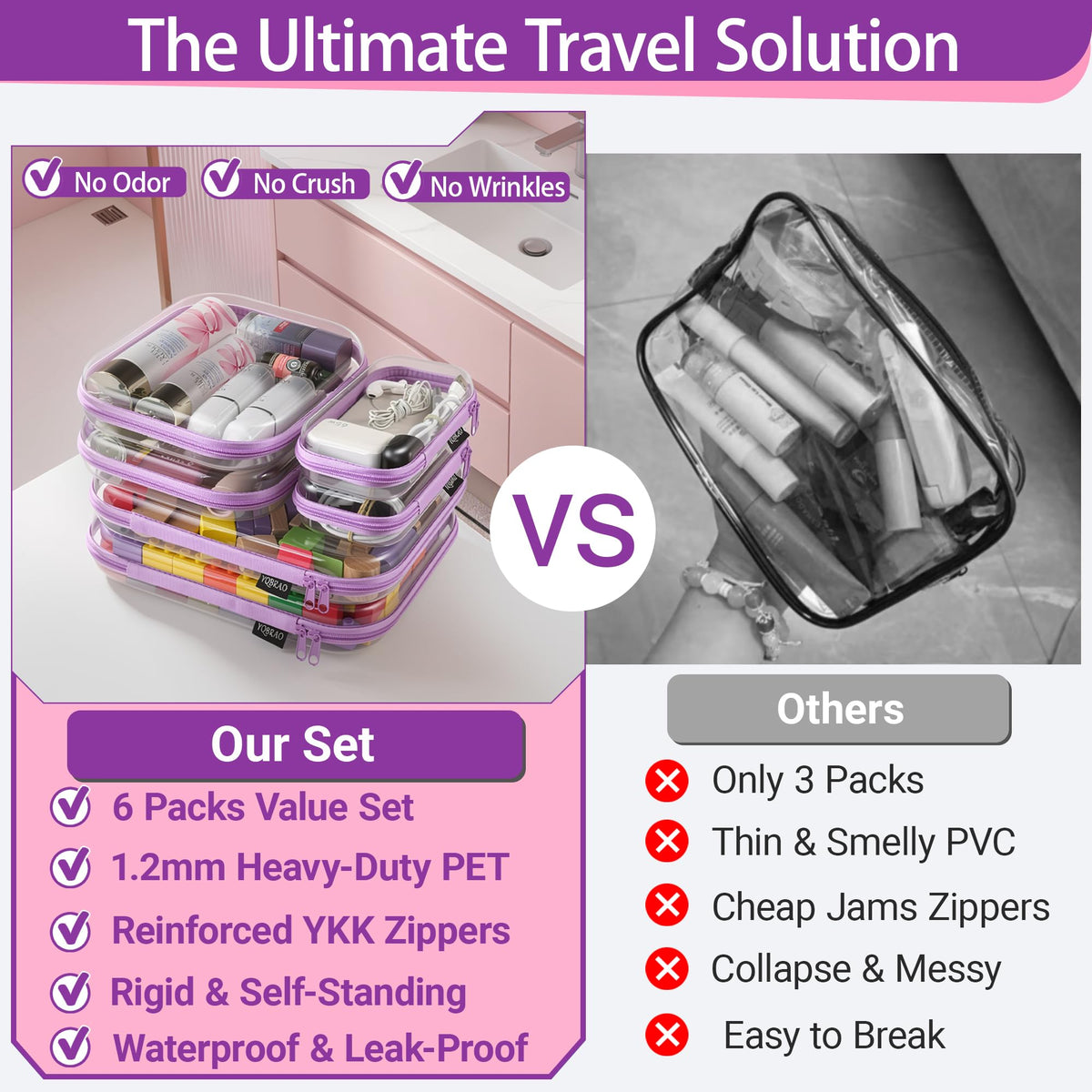 YQBRAO Clear Hard Shell Zipper Cases, open view showing organized makeup tools