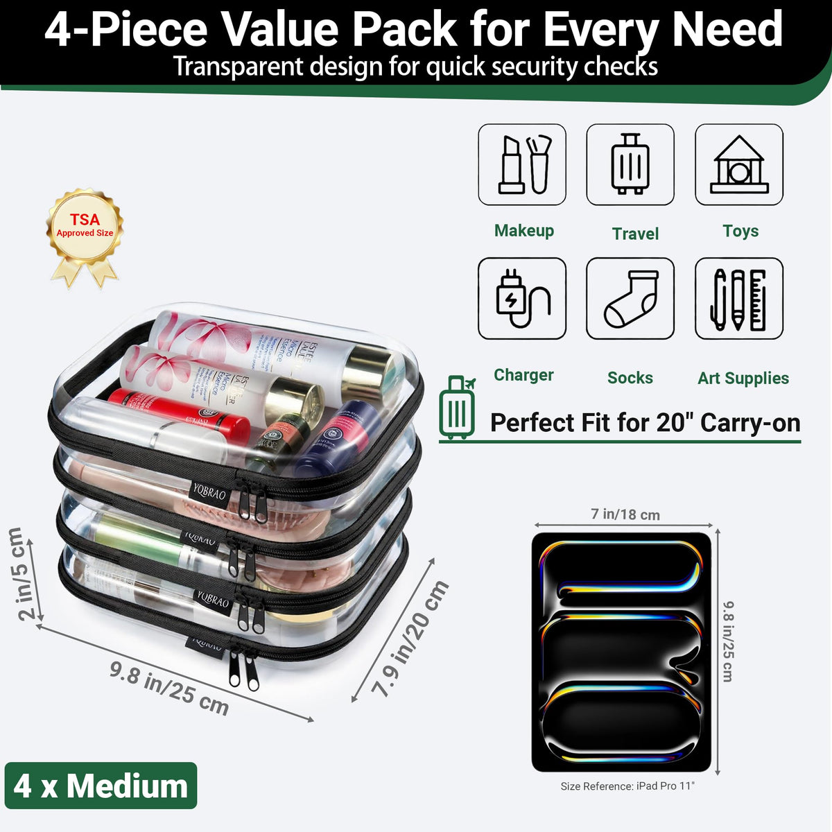 YQBRAO Clear Hard Shell Zipper Cases packed in a travel bag