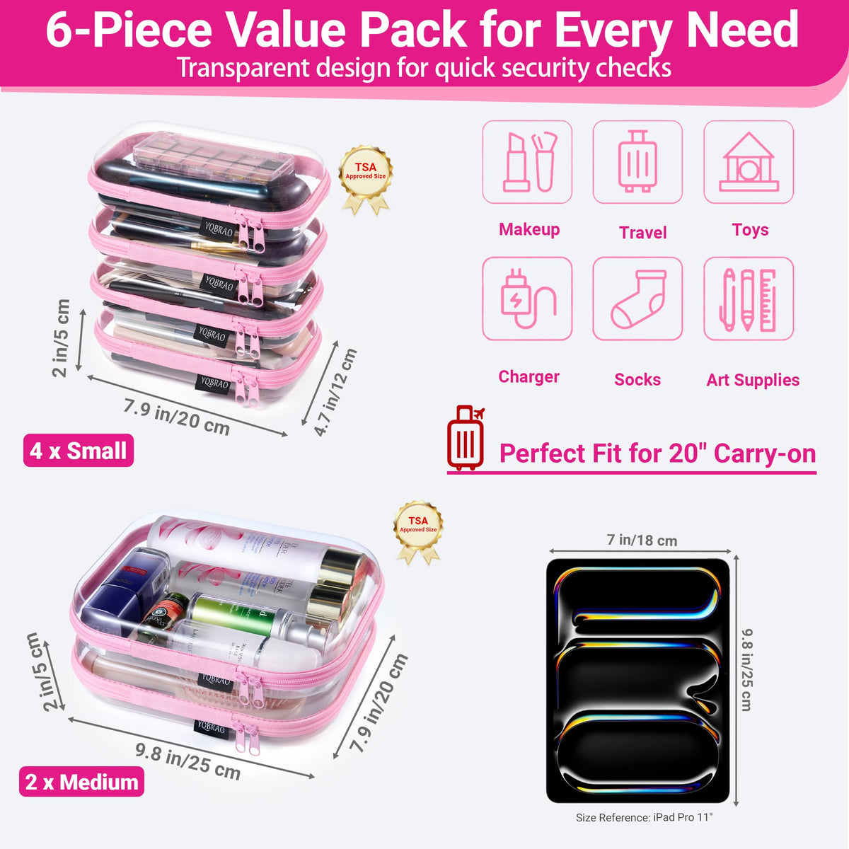 YQBRAO Clear Hard Shell Zipper Cases stacked on a countertop