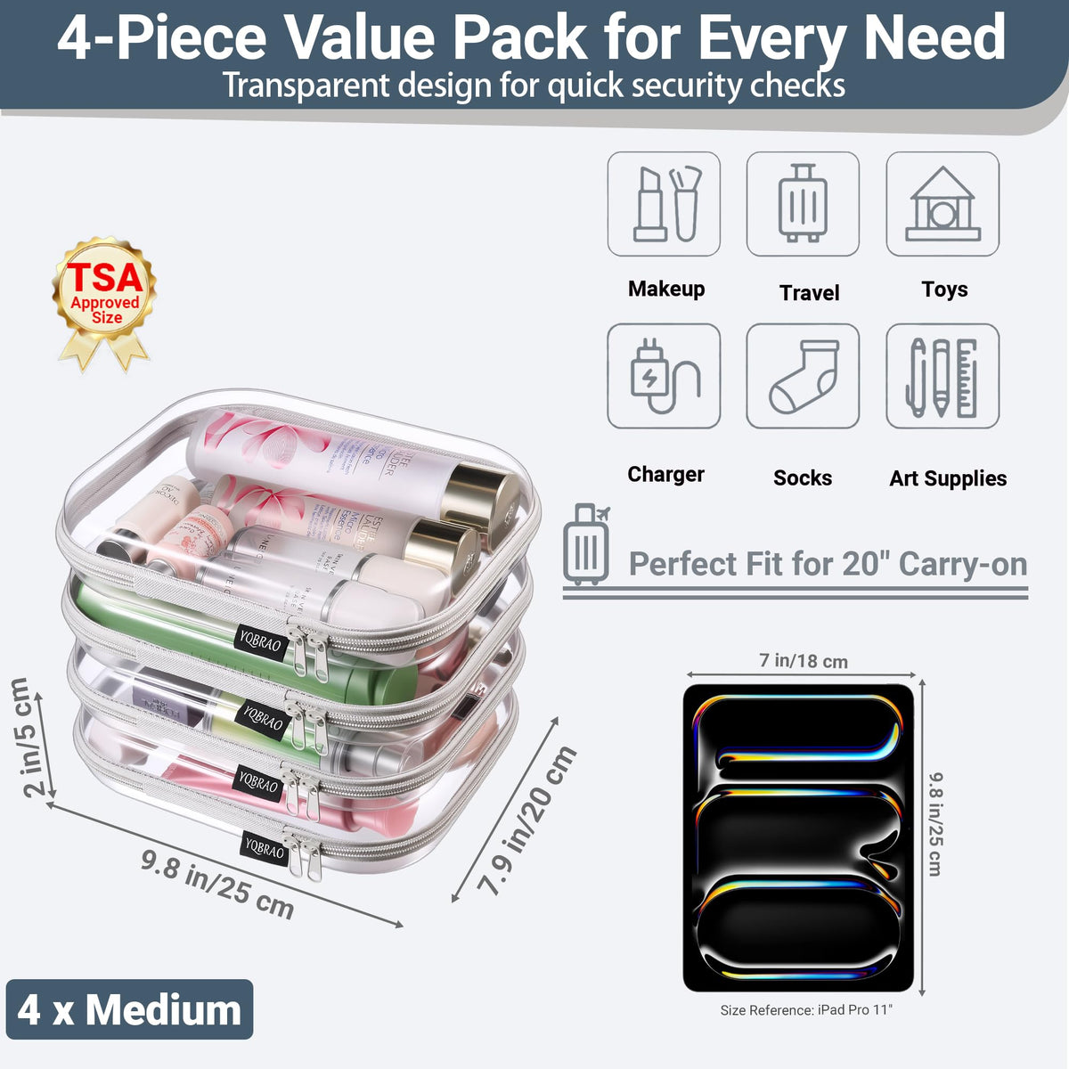 YQBRAO Clear Hard Shell Zipper Cases with YKK zippers close-up