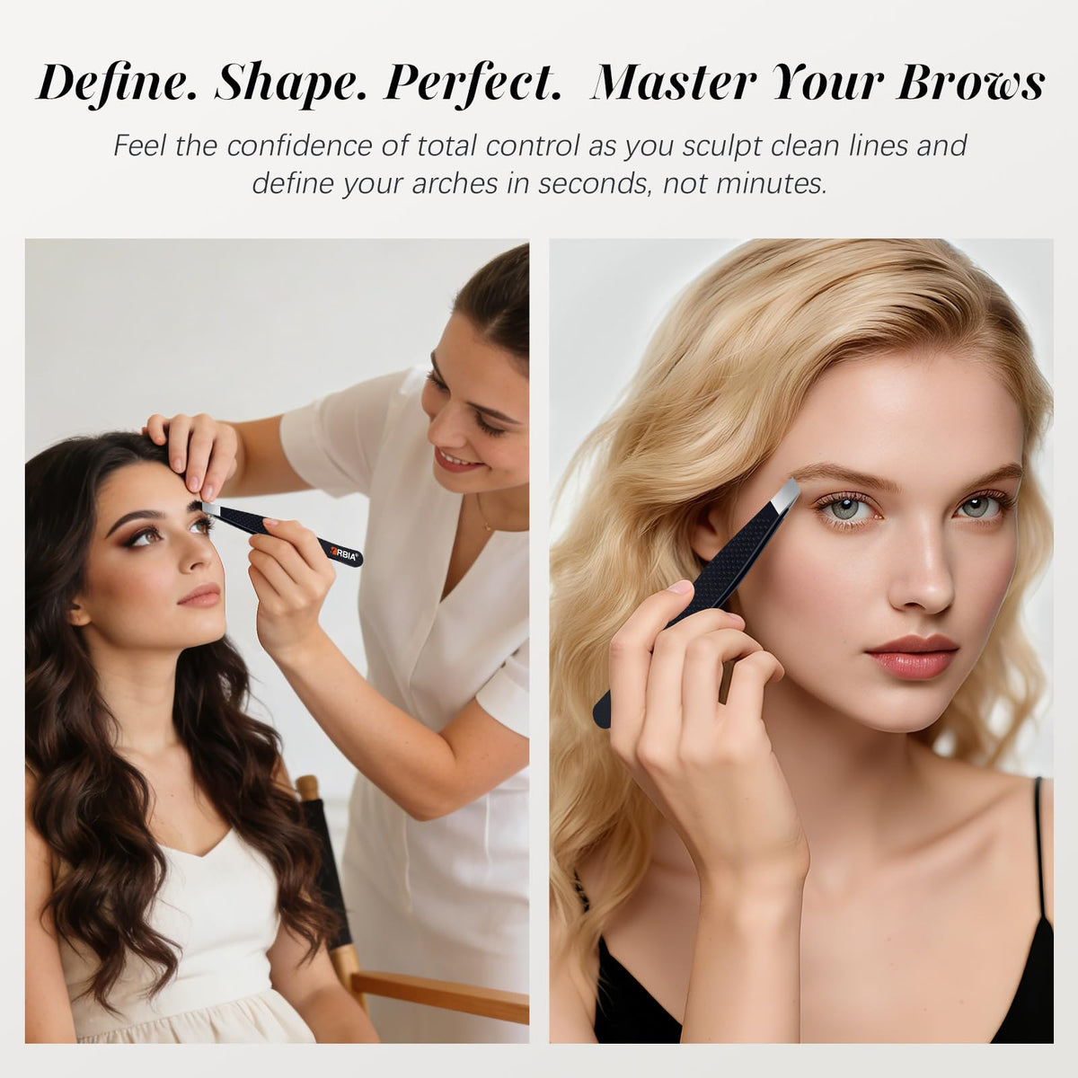 YRBIA Slant Tweezers alongside other beauty tools
