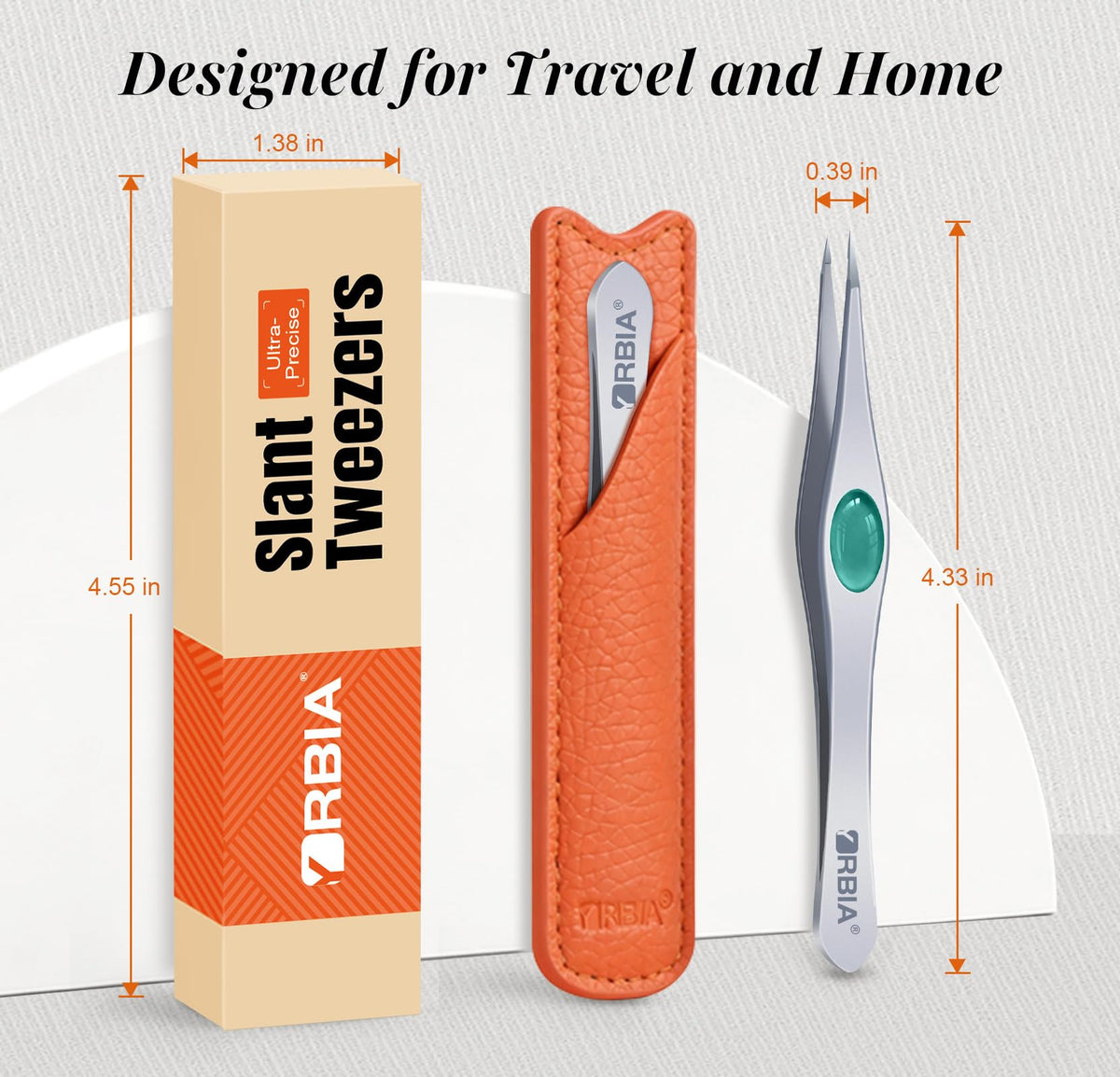 YRBIA ultra-precision tweezers displayed on a vanity
