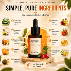 ZAAINA Extra Glow Face Oil Serum in a lifestyle setting with makeup