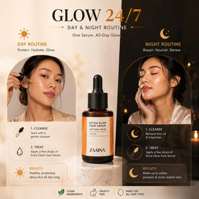 ZAAINA Extra Glow Face Oil Serum on a wooden surface with plants