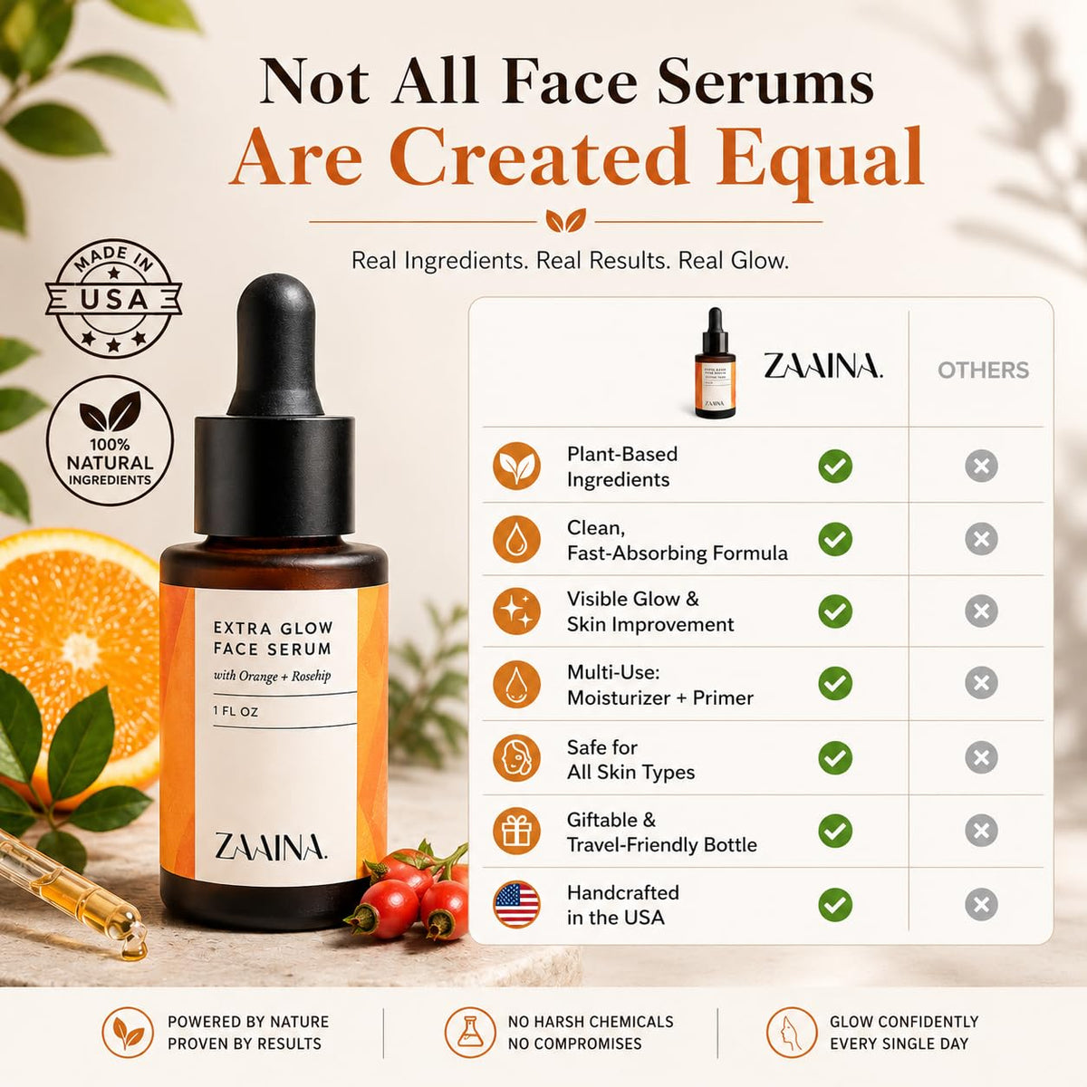 ZAAINA Extra Glow Face Oil Serum with ingredients like Rosehip and Pumpkin Seed Oil