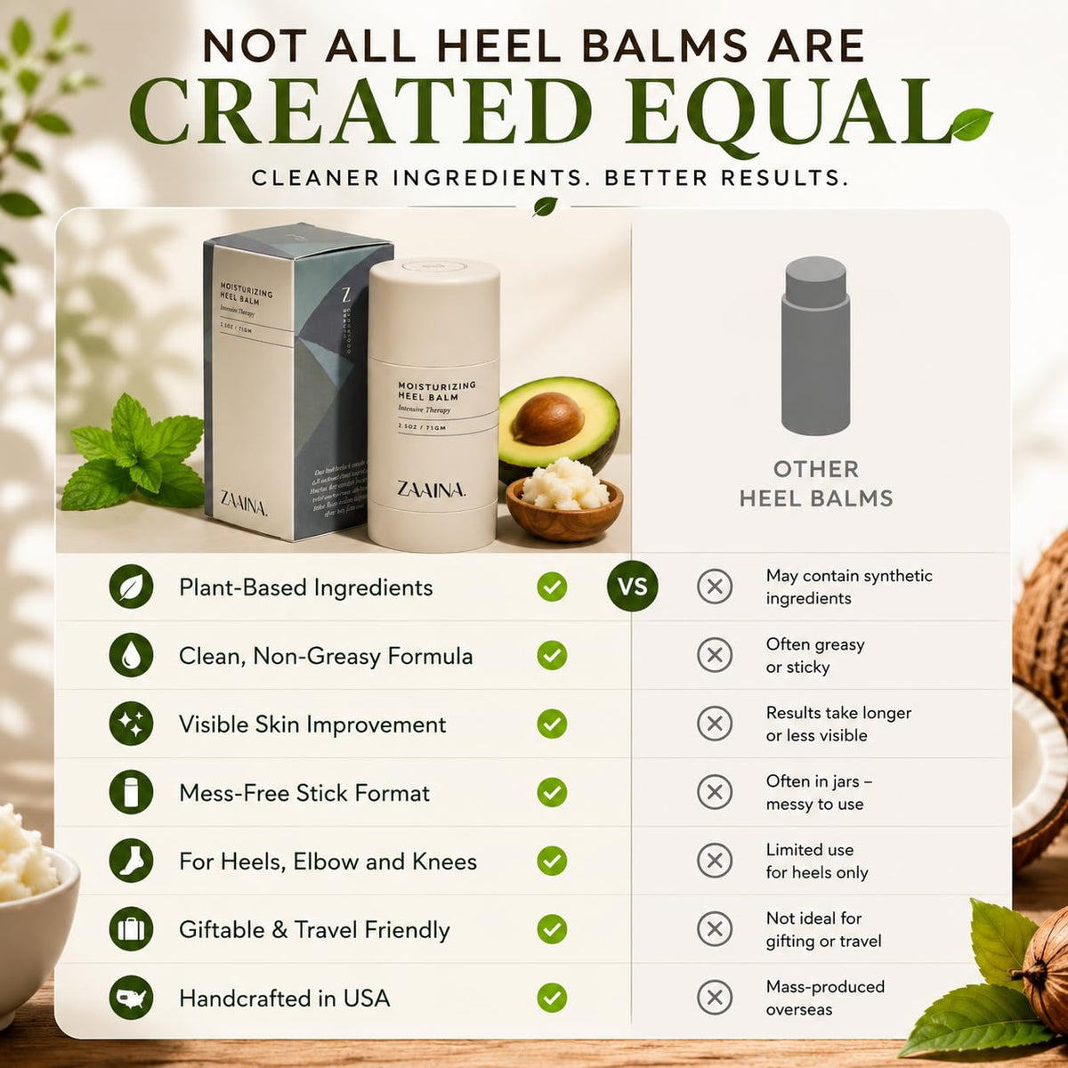 ZAAINA Heel Balm Stick beside shea butter and tea tree oil