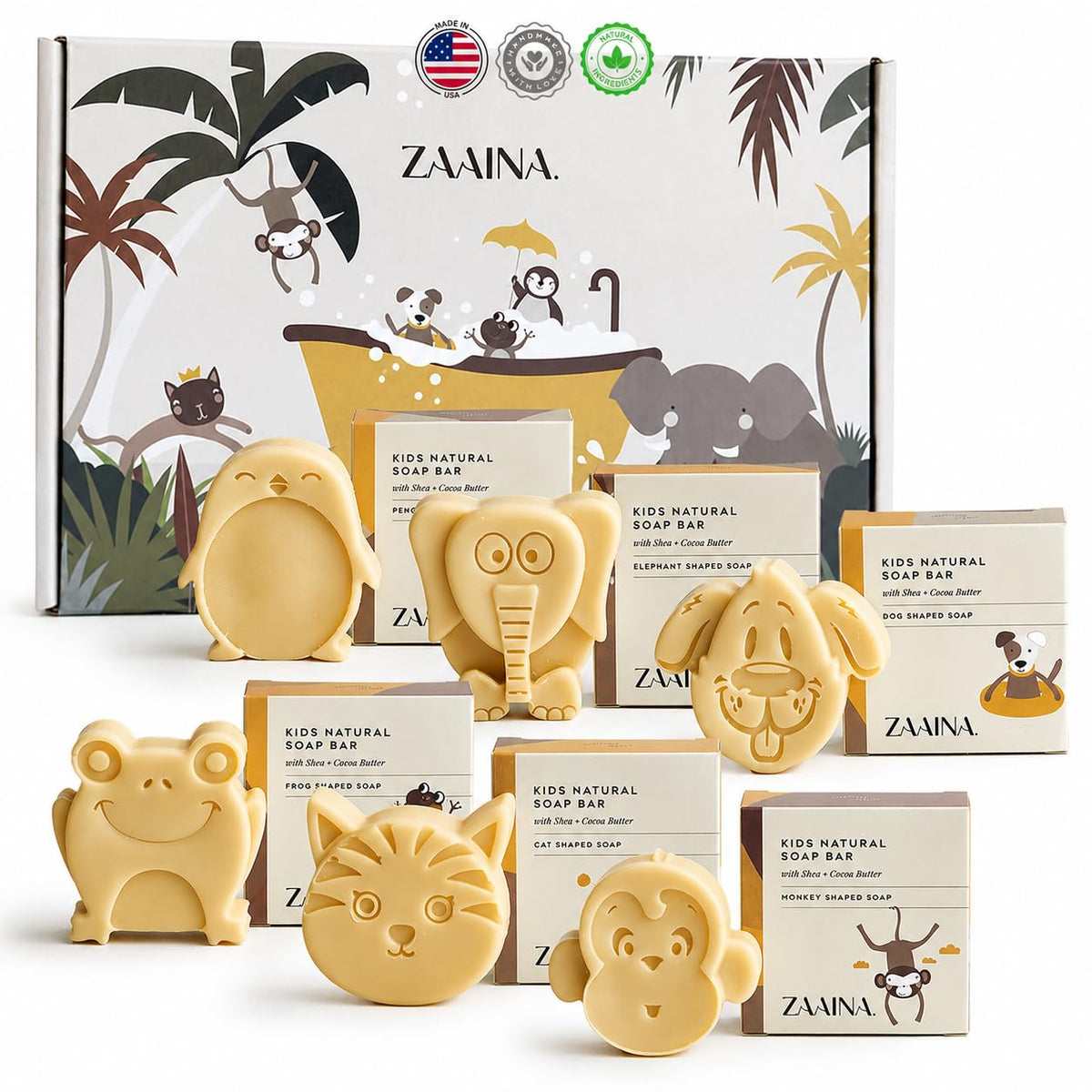 ZAAINA Kids Natural Soap Bar Set of 6 with animal shapes including elephant and monkey