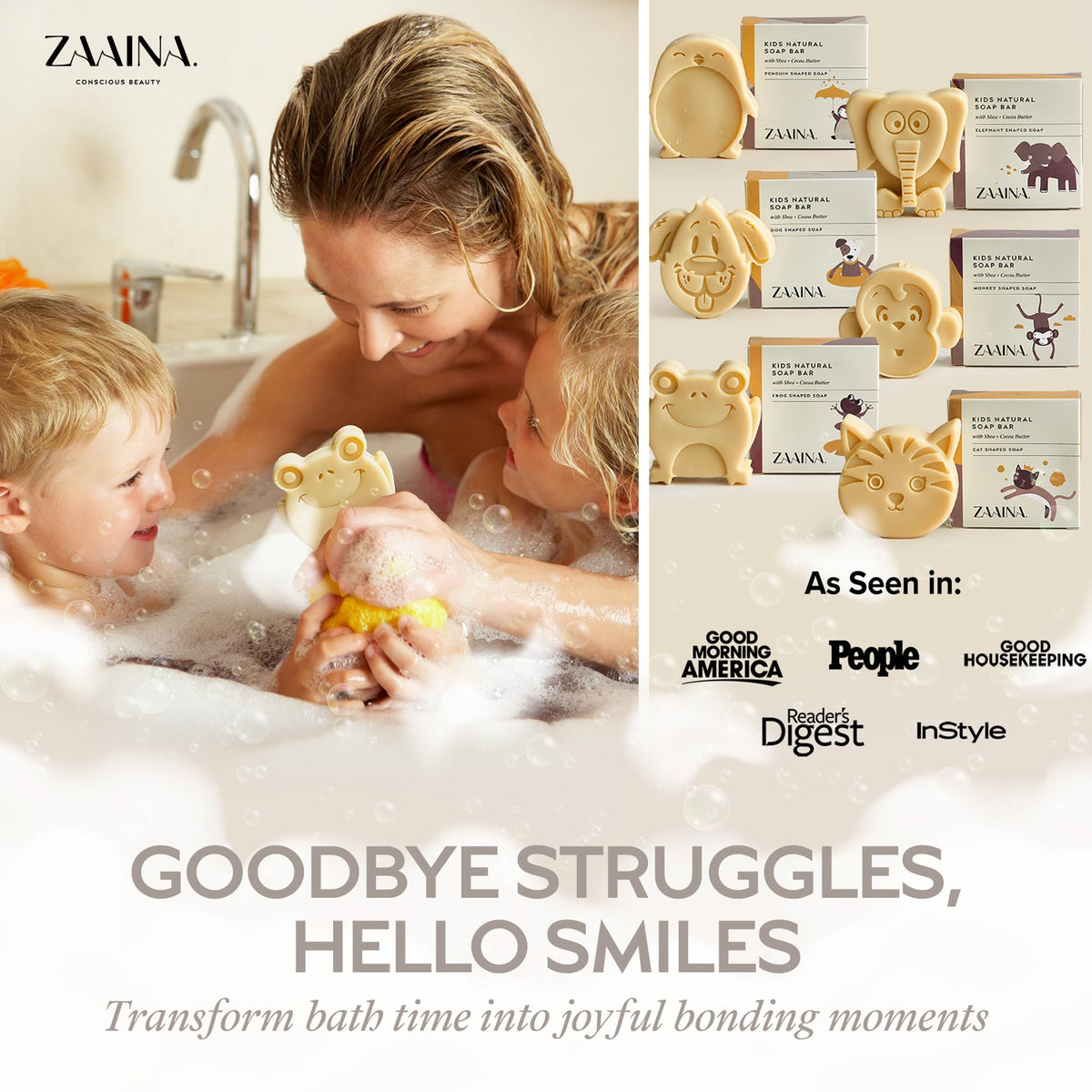 ZAAINA Kids Soap Bars in fun animal shapes displayed on a towel