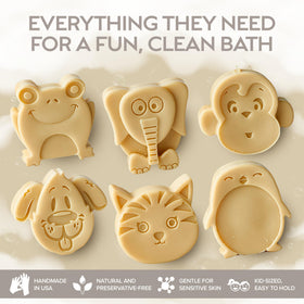 ZAAINA Kids Soap Set showcasing the six animal shapes: cat, dog, penguin, frog, monkey, elephant