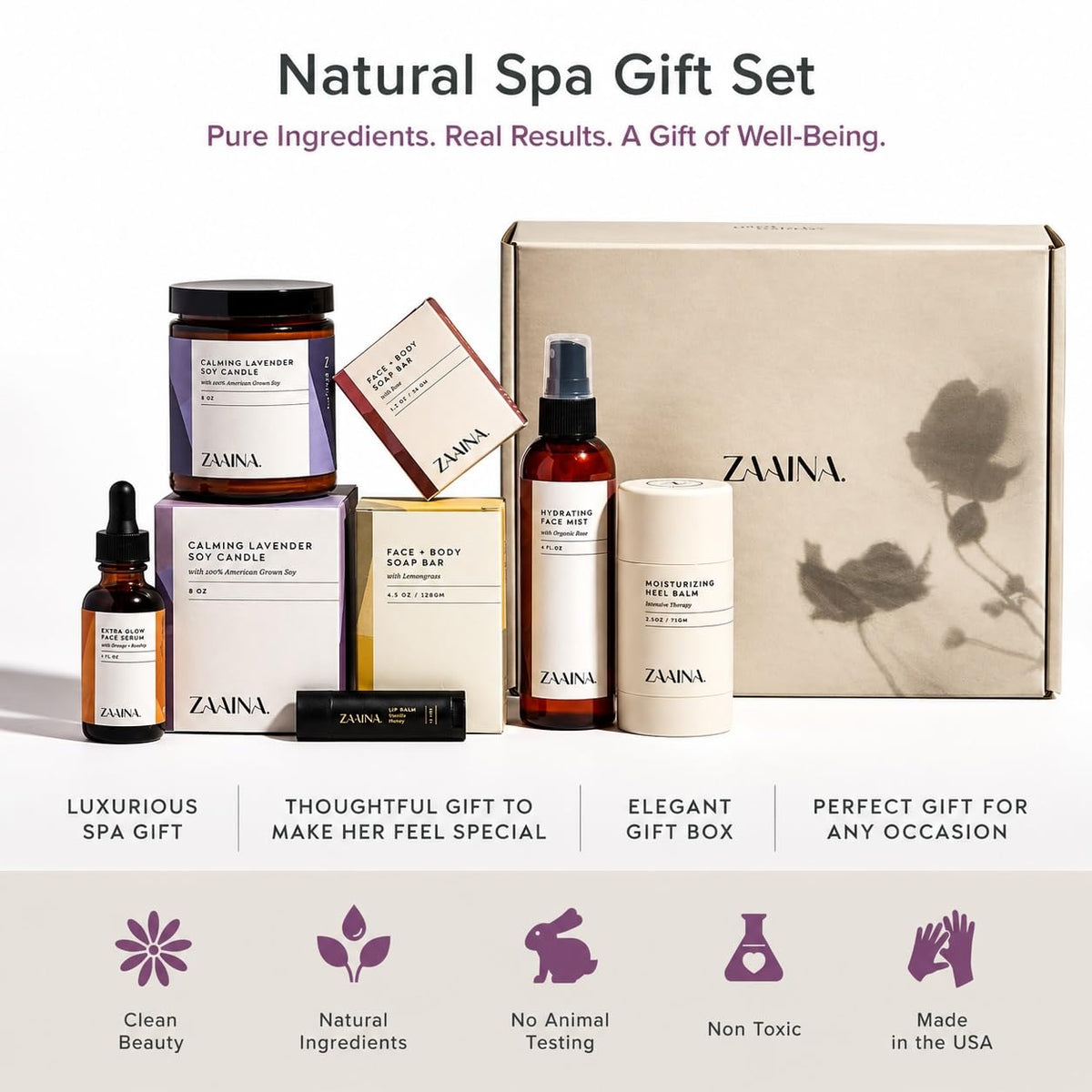 ZAAINA Luxury Spa Gift Basket contents including bath essentials