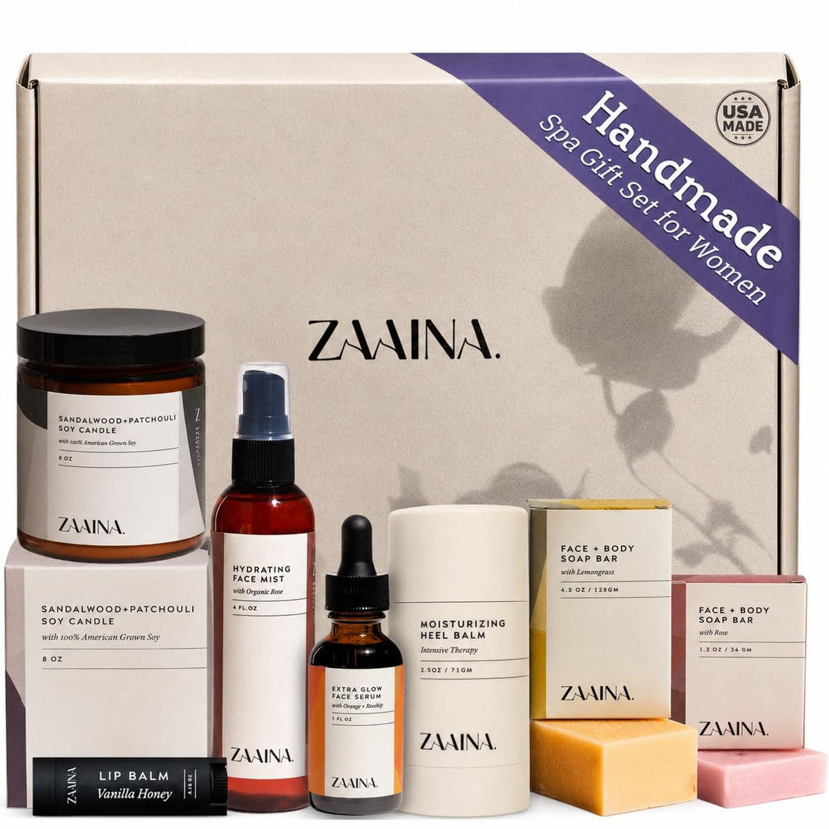 ZAAINA Luxury Spa Gift Basket front view with assorted spa items