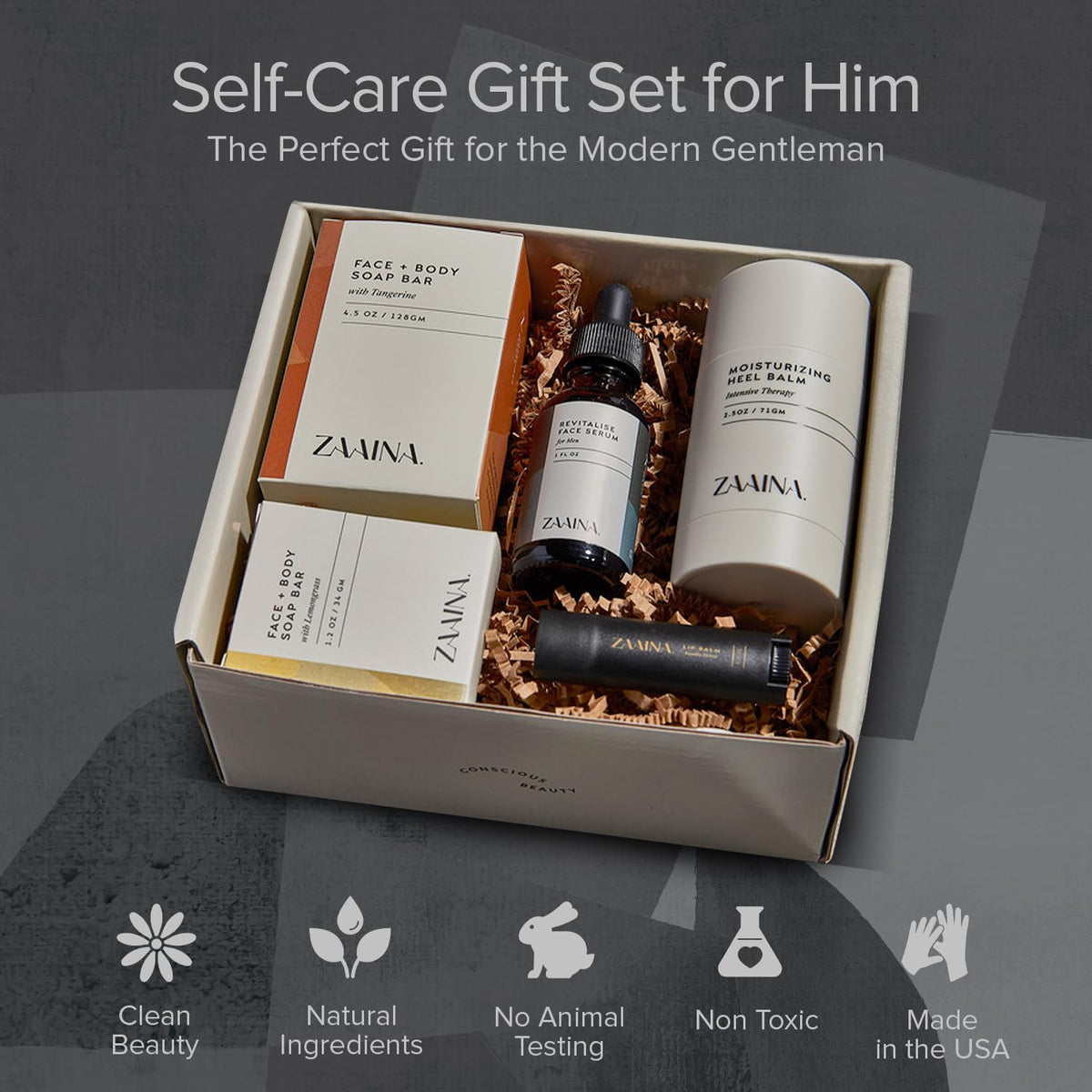 ZAAINA Men's Birthday Care Package contents including face serum and soaps