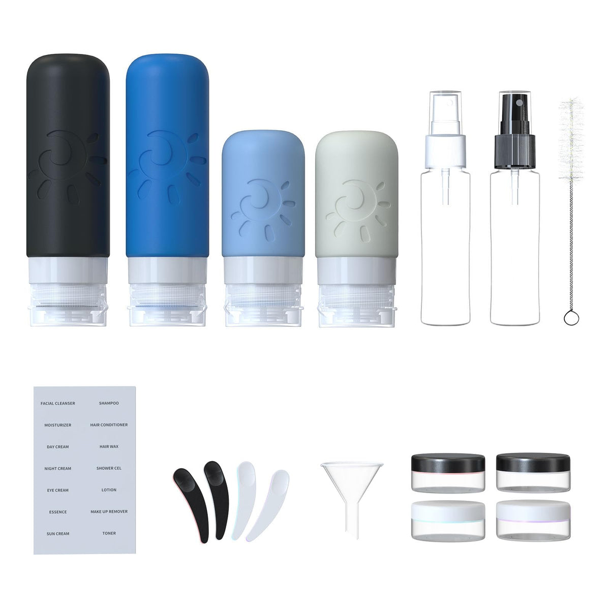 Zafit travel bottles including jars and spray bottles in clear bag