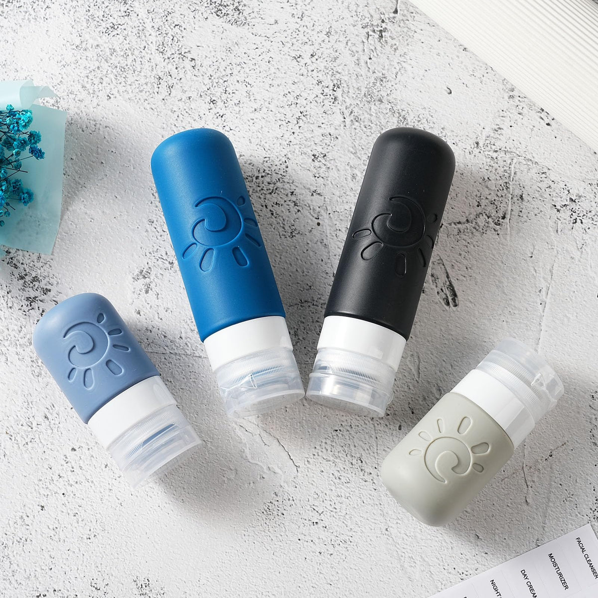 Zafit TSA approved travel bottles set displayed on a bathroom counter