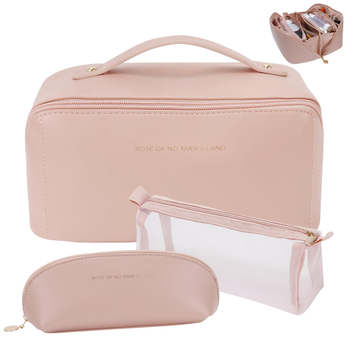 zaleeta 3 Pcs Travel Makeup Bag Set in pink, front view