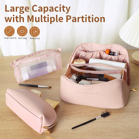 zaleeta large capacity makeup bag open flat with cosmetics