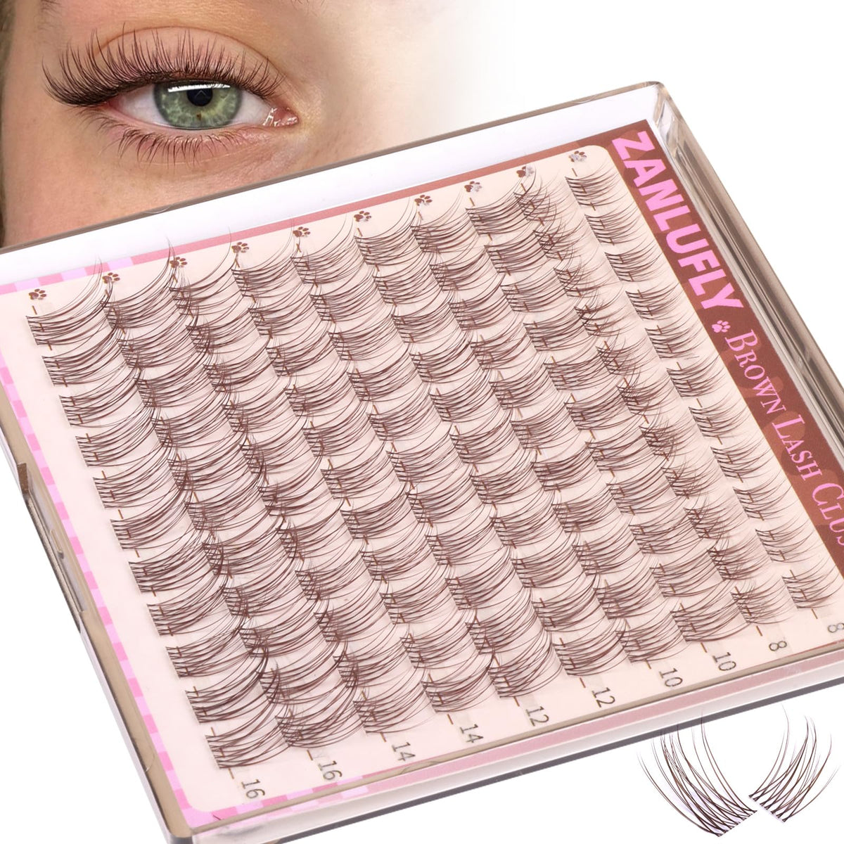 zanlufly Brown Lash Clusters front view with packaging