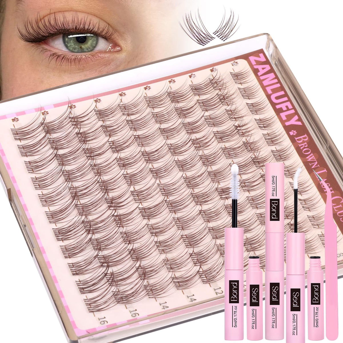zanlufly Brown Lash Clusters Kit with tools and lashes