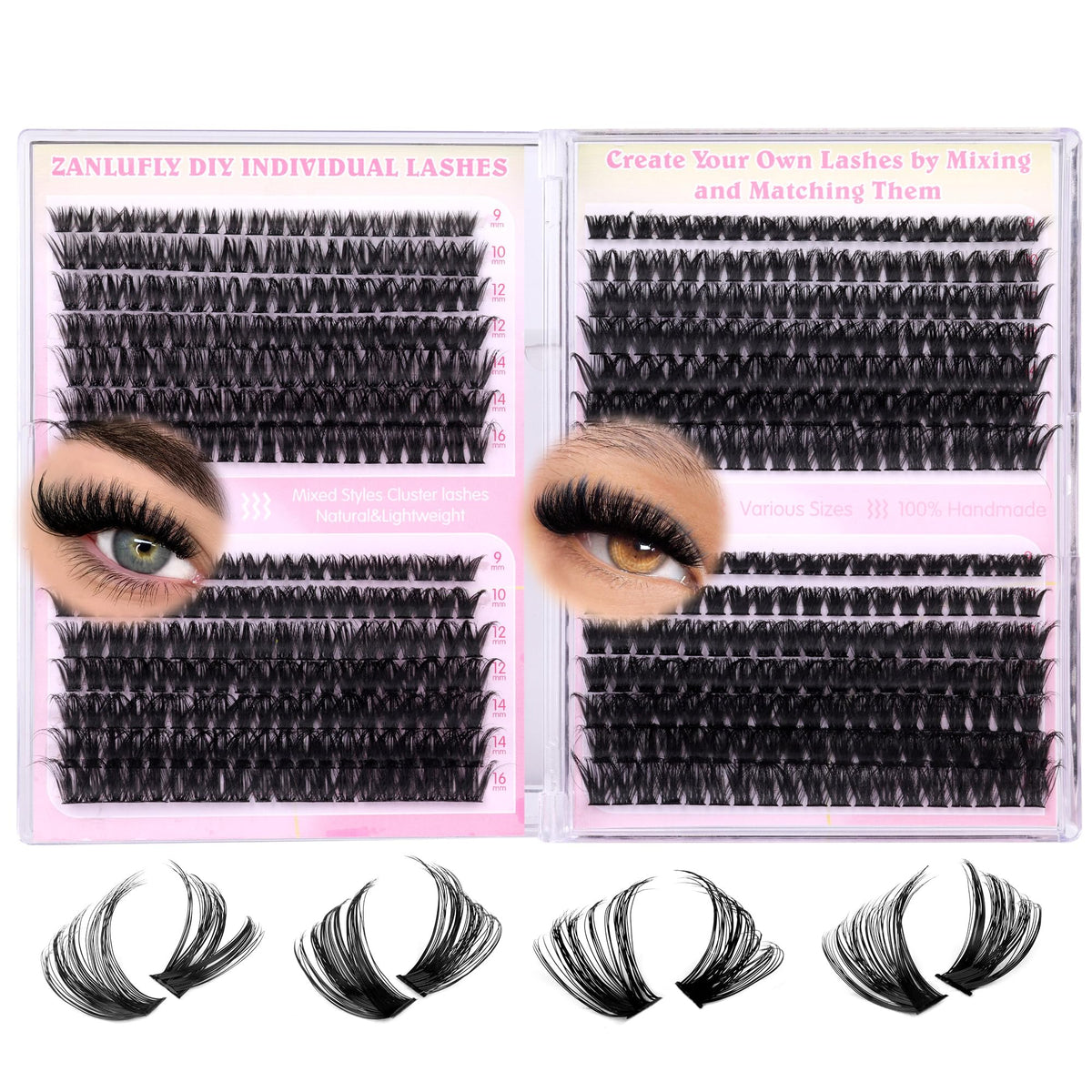 zanlufly Lash Clusters 560Pcs front view with various lash lengths