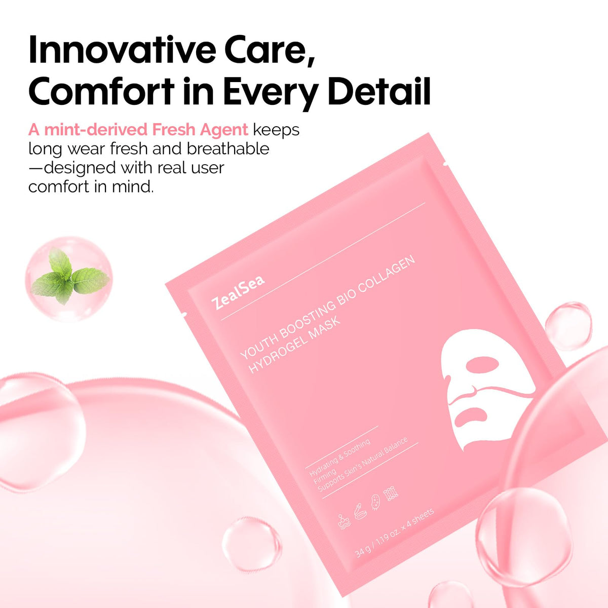 ZealSea Bio Collagen Hydrogel Face Mask in a bathroom setting