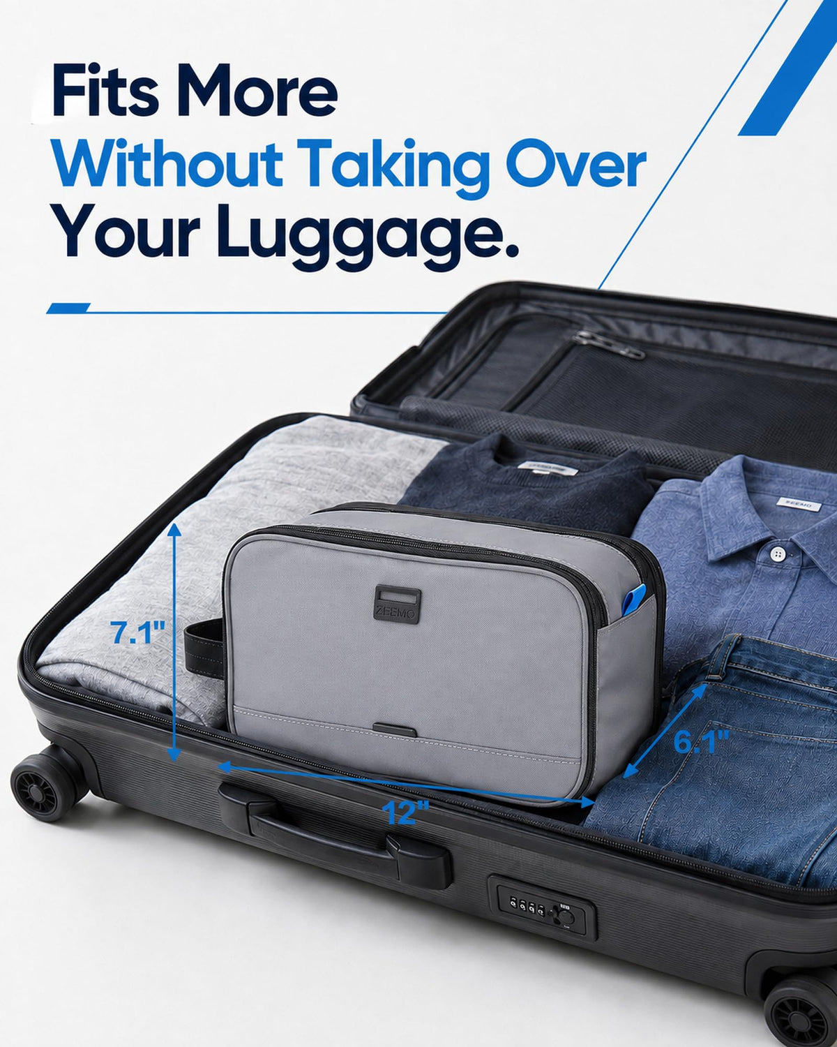 ZEEMO Travel Toiletry Bag in a suitcase for travel